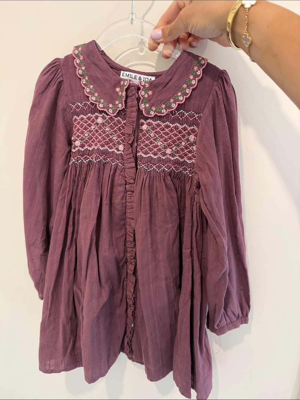 Emile et Ida Girls Mauve Embroidered Smocked Dress